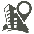 A building and a location icon