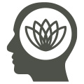 The silhouette of a head with a flower icon in the center