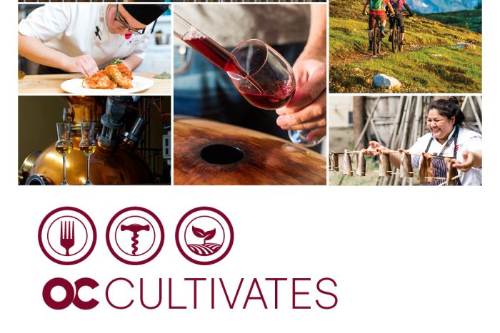 Collage of images showing wine, chefs, mountains and highlighting food, wine and tourism activities. OC Cultivates logo of three circle with icons of a fork, wine bottle opener and plant leaf inside each cirlce below. Okanagan College logo.