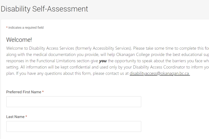 A screenshot of the Self-Assessment form, with empty fields for First, last name