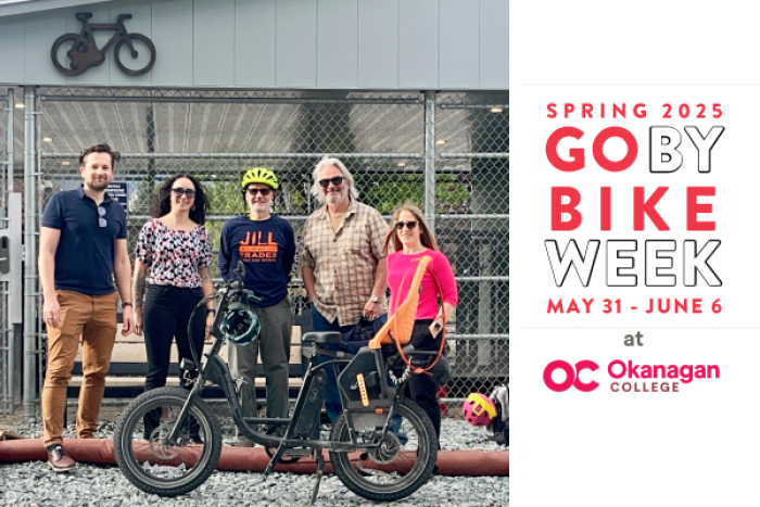 Group of Okanagan College staff outside of a campus bike locker with e-bike.