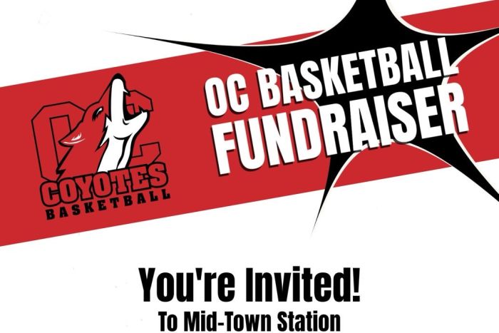 OC Basketball Fundraiser poster, OC Coyotes Basketball logo in uper left corner
