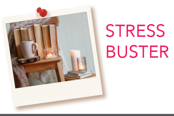 Books, cup of tea, candle; text: Stress Buster