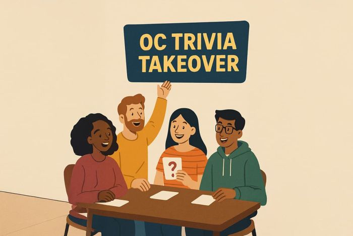 Graphic of 4 people sitting at the OC Trivia Takeover table