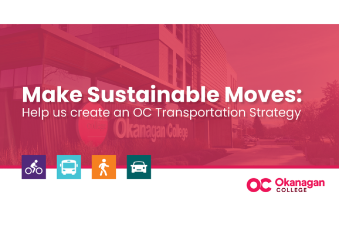picture of Okanagan College with icons of a bike, bus, person walking, and car