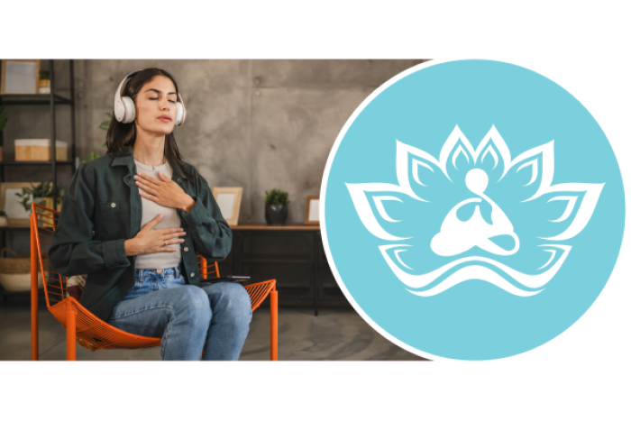 Person sitting on an orange chair with headphones, practicing mindfulness by placing hands on chest and abdomen, next to a teal lotus logo symbolizing meditation and wellness.