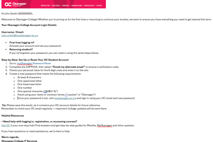 Welcome email detailing account information how to