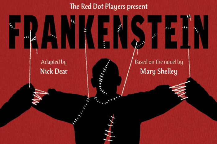red poster that says "Frankenstein" and showing a silhouette of a man 