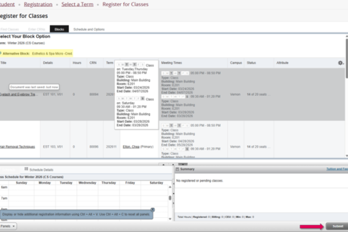 Review your list of assigned courses. Click submit to complete your block registration.