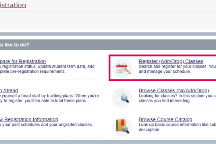 Navigate to the Registration menu and click Register (Add/Drop) Classes.
