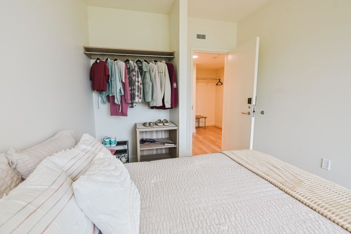 Comfortable studio featuring a queen-size bed and a spacious closet with a hanging area for clothes and a shelf for additional storage.