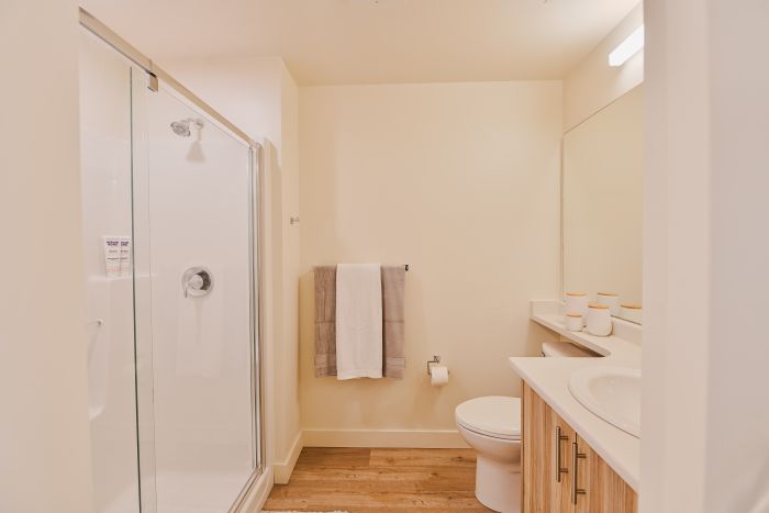 Modern bathroom featuring a walk-in shower with glass walls, a toilet, and a sink in a clean, bright, and functional space.