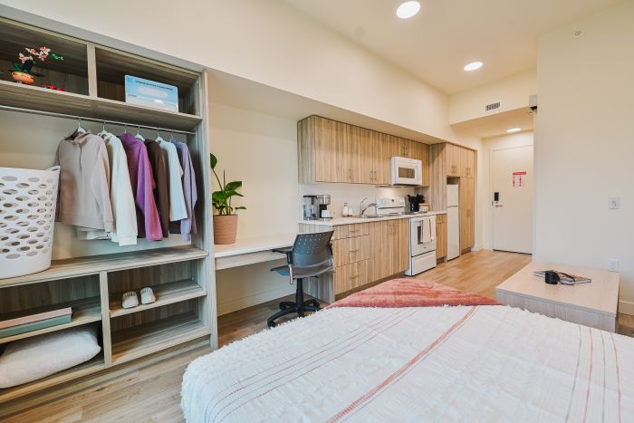 Bright, well-appointed studio featuring a comfortable bed, a closet for storage, a desk for work or study, and a functional kitchen, all in a cozy, thoughtfully arranged space.