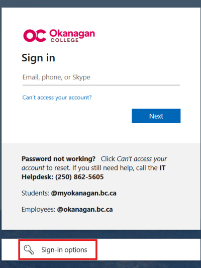 The "Sign-in options" link on the myOkanagan login page.