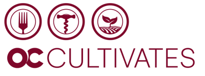 Logo of three circle with icons of a fork, wine bottle opener and plant leaf inside each cirlce