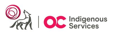 Logo for Okanagan College Indigenous Services. Illustration of wolf howling at moon with wordmark next to it saying 'OC Indigenous Services'