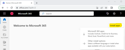 Screenshot of Microsoft 365 office home page.