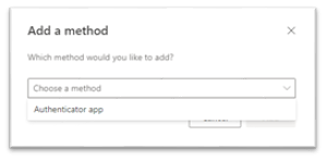Screenshot of the security settings interface with a dropdown menu open, highlighting the selection of 'Authenticator App' as the chosen sign-in method.