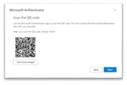 Screenshot showing the 'Next' button selected on a computer screen, displaying a QR code for scanning with a mobile device to continue the device registration process