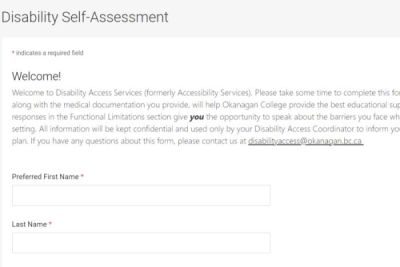 Screenshot showing disability self-assessment form.