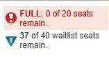 Screenshot showing that the warning that a class is full.