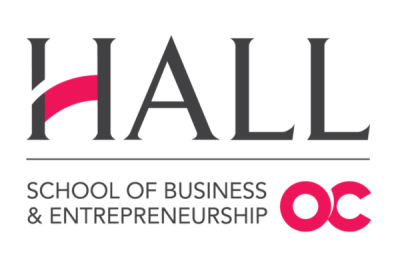 basic text logo including the words, Hall School of Business and Entrepreneurship, next to an OC icon