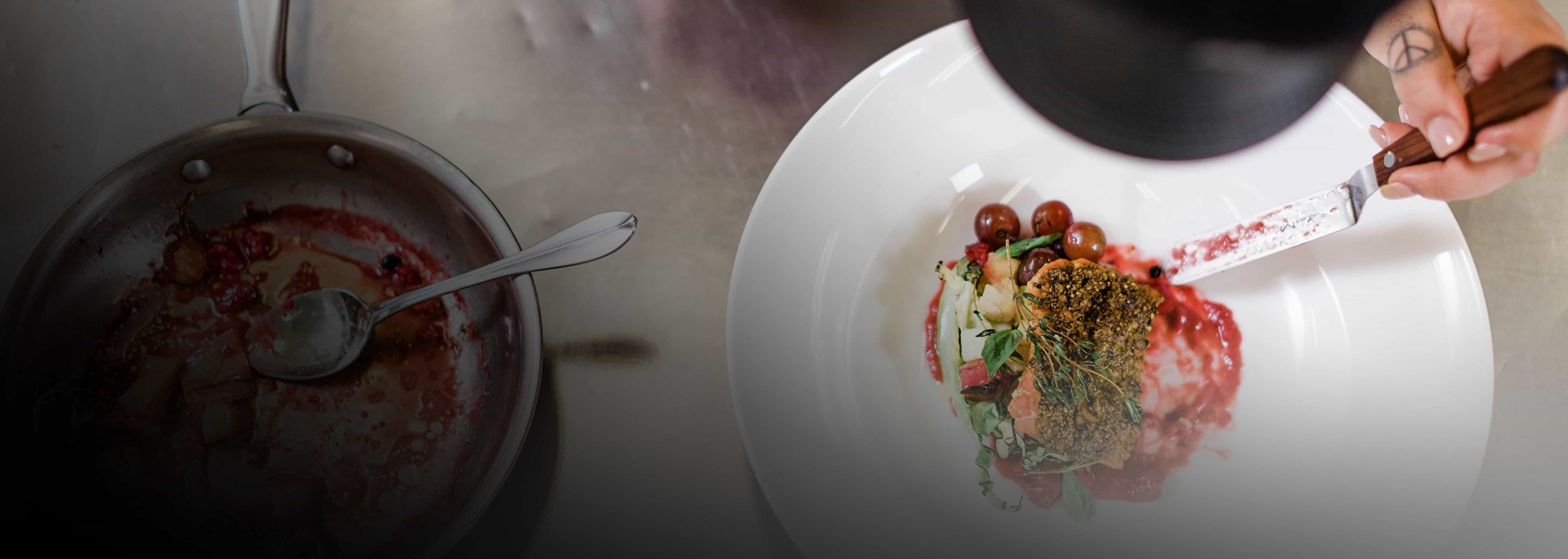 Food being plated by a culinary arts student