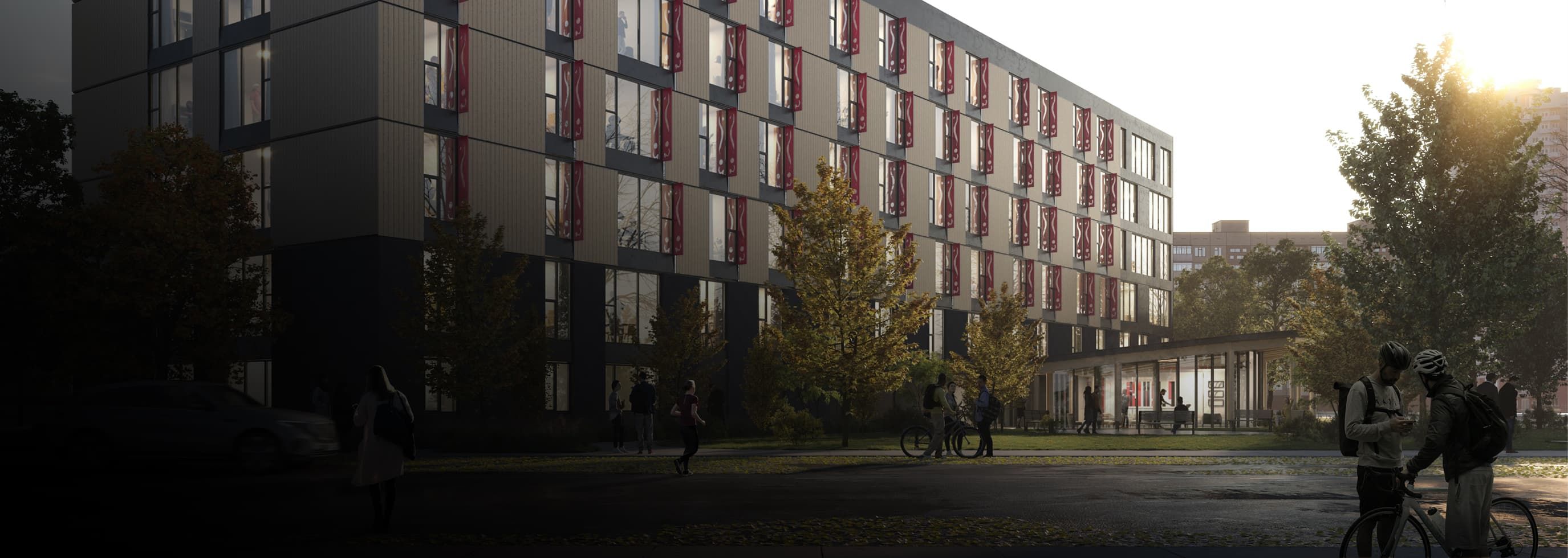 rendering of the exterior view of the new student housing residence in Kelowna campus