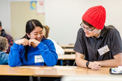 Communications students work together on a project.