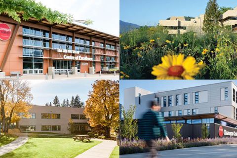 Grid of photos images from various OC campuses, clockwise from top left: Penticton, Vernon, Kelowna and Salmon Arm