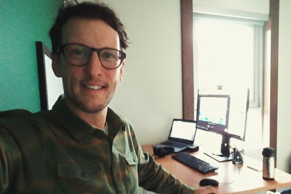 SCMT Professor Ashley Lubyk in the virtual classroom space set up on campus.