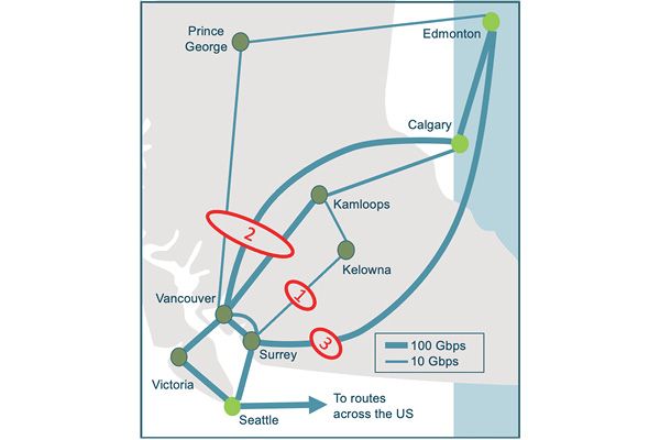 A map showing the connectivity route that helped Okanagan College's network throughout the storm last week