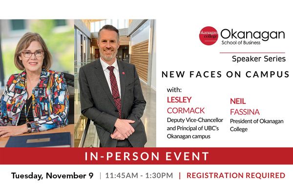 Lesley McCormack from UBCO and Neil Fassina from Okanagan College with text overlain about the upcoming Kelowna Chamber of Commerce presentation.
