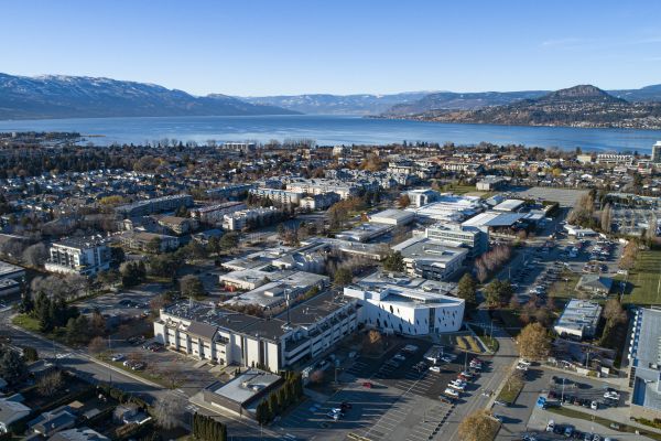 Aerial image of the Kelowna campus with Okanagan Lake in the background