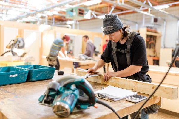 Student working in the construction shop