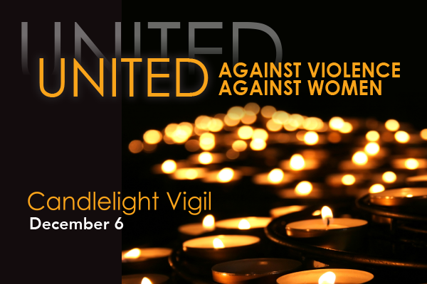 Candlelight Vigil text overlay on an image of candles lit in the background