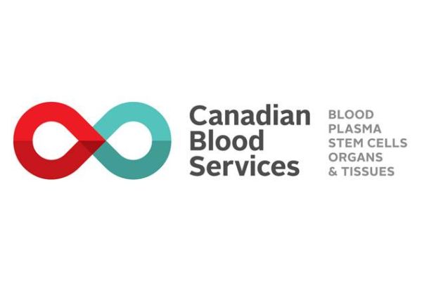Canadian Blood Services logo with text listing what donations they accept: blood, plasma, stem cells, organs and tissues