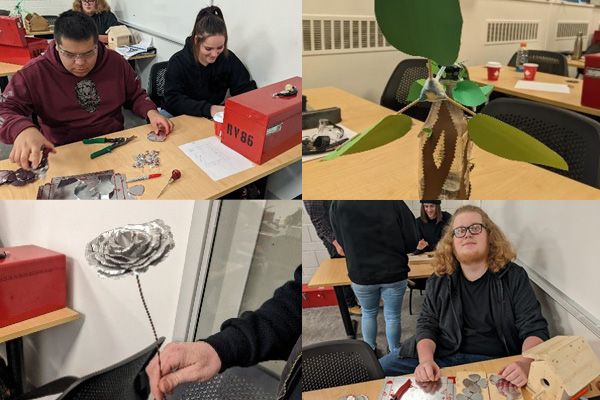 Collage of trades class projects, including metal work flowers and plants