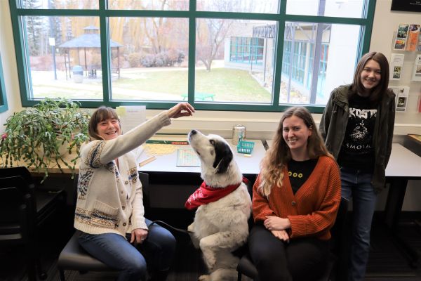 Taryn, Catie and Shayla take a Scrabble break with Burly the dog in the Salmon Arm campus library