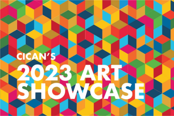 Colourful graphic background with "CiCan's 2023 Art Showcase" text overtop 