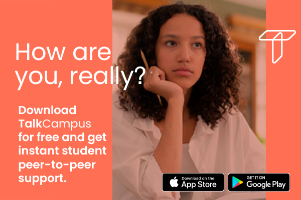 Photo of a pensive student with the text "How are you really?" overlain a peach coloured background