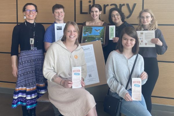 Indigenous language course students in front of the library