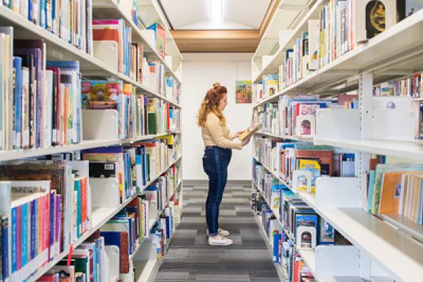 two rows of books in a library