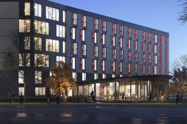 rendering of the exterior view of the new student housing residence in Kelowna campus