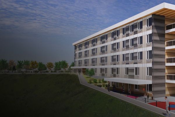 rendering of the exterior view of the new student housing residence in Vernon campus