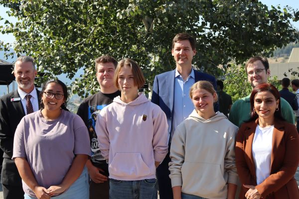 OC students along with Premier David Eby, MLA for Vernon-Monashee Harwinder Sandhu, and OC president Dr. Neil Fassina.