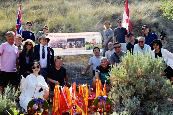Howard Hisdal attends Commando Bay annaversary with members of the Kelowna Chinese History Group, the Chinese Freemasons of Kelowna, and Military Historian Keith Boehmer.