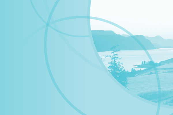A serene landscape in a soft blue color filter, featuring a lake surrounded by distant hills and scattered trees in the foreground. Overlapping circular designs add a layered effect on the left side, gradually transitioning into a solid blue background. 
