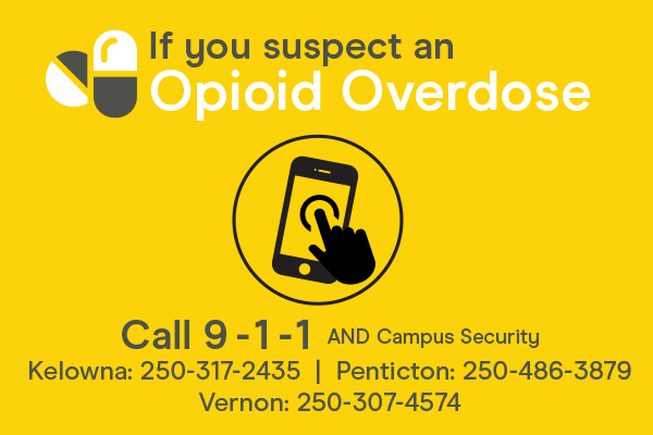 Graphic with text that says 'If you suspect an Opioid Overdose call 911 and campus security. Kelowna 250-317-2435 Penticton:250-486-3879 Vernon: 250-307-4574