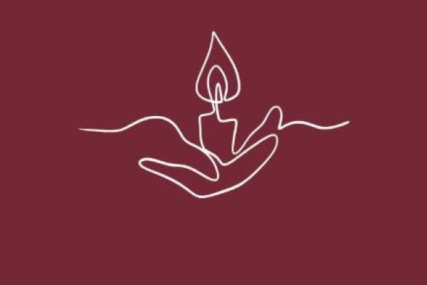 A minimalist line drawing on a maroon background depicts two hands holding a lit candle. The continuous white line forms the shape of the hands and the candle, with a flame at the top.